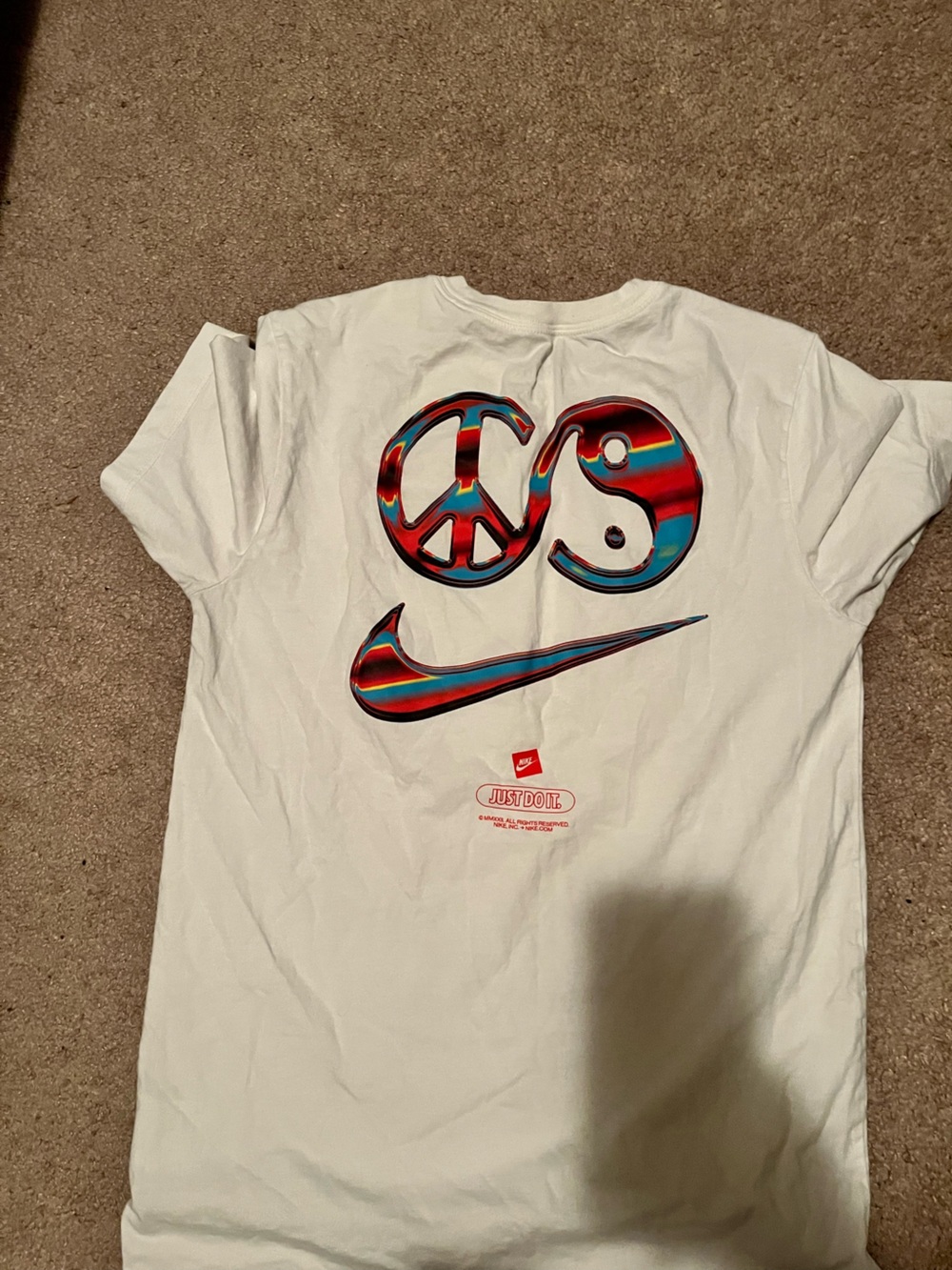 Nike White Short Sleeve Tee with Multicolor Swirl Swoosh
